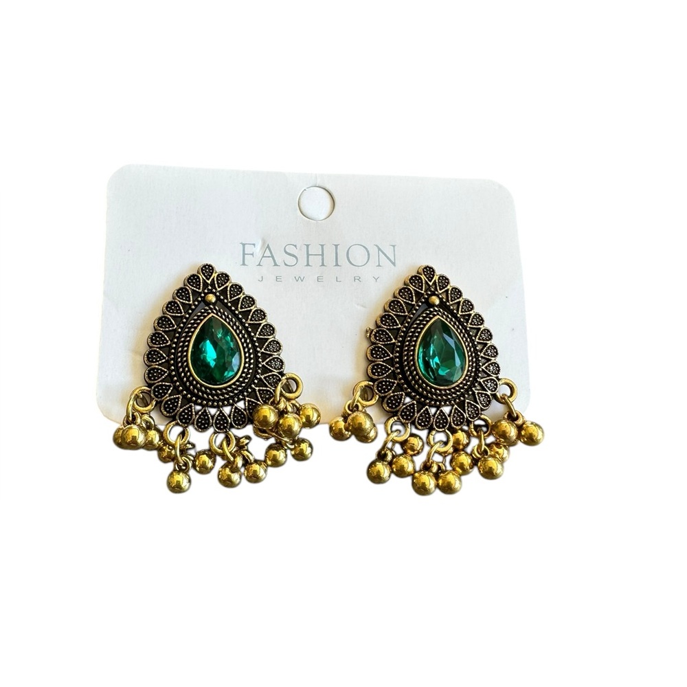 Egyptian Gold and Emerald Green Beaded Fringe Earrings